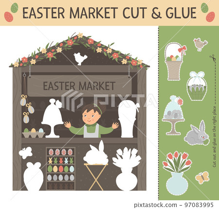 Vector Easter market cut and glue for children. Spring holiday educational activity with smiling saleswoman, bunny, bird, colored eggs in basket 97083995