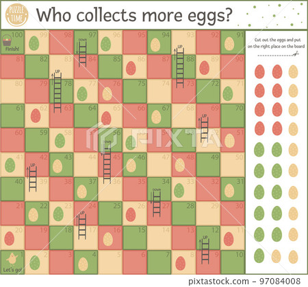 Easter egg hunt board game for children with traditional symbols. Educational spring holiday boardgame with numbers. Who collects more eggs? 97084008