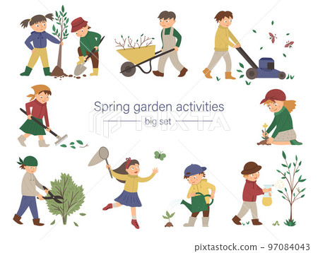Vector set of children doing garden work. Spring collection of kids with gardening tools. Young gardeners planting tree, watering plants, raking, catching butterfly. 97084043