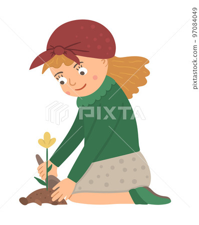 Vector illustration of a girl planting flower with a shovel isolated on white background. Cute kid doing garden work. Spring gardening activity picture with funny character. Vector illustration of a girl planting flower with a shovel isolated on white background. Cute kid doing garden work. Spring gardening activity picture with funny character. 97084049