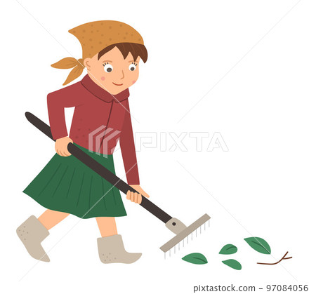 Vector illustration of a girl raking leaves with rakes isolated on white background. Cute kid doing garden work. Spring gardening activity picture with funny character. 97084056