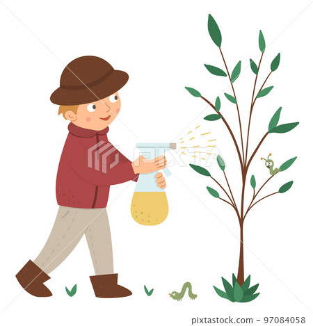 Vector illustration of a boy spraying the tree for caterpillars isolated on white background. Cute kid doing garden work. Spring gardening activity picture with funny character. 97084058