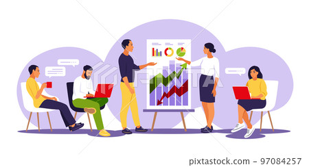 Coaches speaking before audience, presenting charts and reports. Training of employee. Team thinking and brainstorming. Vector illustration. Isolated flat. 97084257