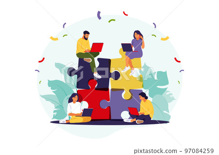 Business team putting together puzzle. Cartoon partners working in connection. Symbol of teamwork, cooperation, partnership. Flat vector illustration. 97084259