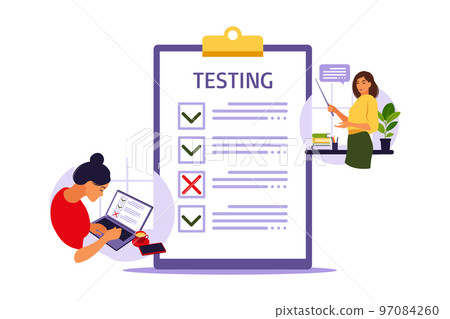Concept of online exam on internet. Woman sitting near online form survey on laptop. Questionnaire, web learning, electronic voting. Vector illustration. 97084260