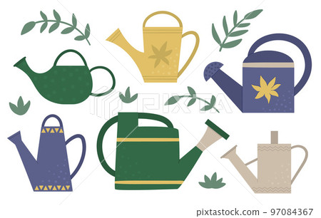 Vector set of flat trendy watering cans. Garden equipment collection isolated on white background. Beautiful spring or summer home gardening illustration 97084367