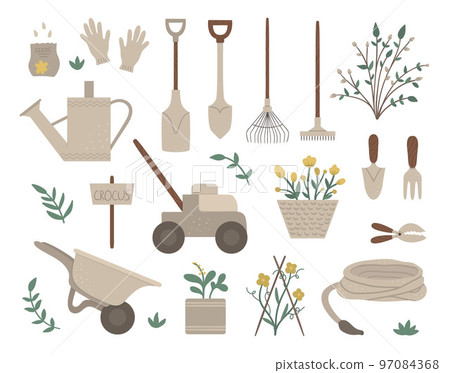 Vector set of colored garden tools, flowers, herbs, plants. Collection of gardening equipment. Flat spring illustration of spade, shovel, rakes isolated on white background. 97084368