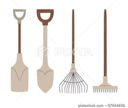 Vector set of colored garden tools. Collection of gardening equipment. Flat spring illustration of spade, shovel, rakes isolated on white background. Vector set of colored garden tools. Collection of gardening equipment. Flat spring illustration of spade, shovel, rakes isolated on white background. 97084608