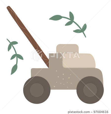 Vector lawn mower isolated on white background. Flat spring garden tool illustration. Gardening equipment icon. Vector lawn mower isolated on white background. Flat spring garden tool illustration. Gardening equipment icon. 97084616