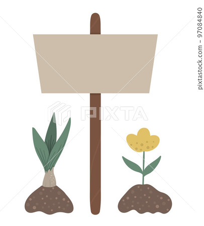Vector garden sign table with sprouted plants isolated on white background. Flat spring garden illustration. Gardening icon 97084840