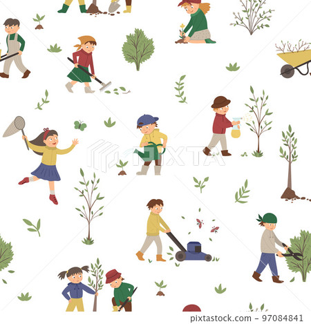 Vector seamless pattern with children doing garden work. Spring repeat background with kids and gardening tools. Texture with young gardeners planting tree, watering plants, raking. Vector seamless pattern with children doing garden work. Spring repeat background with kids and gardening tools. Texture with young gardeners planting tree, watering plants, raking. 97084841