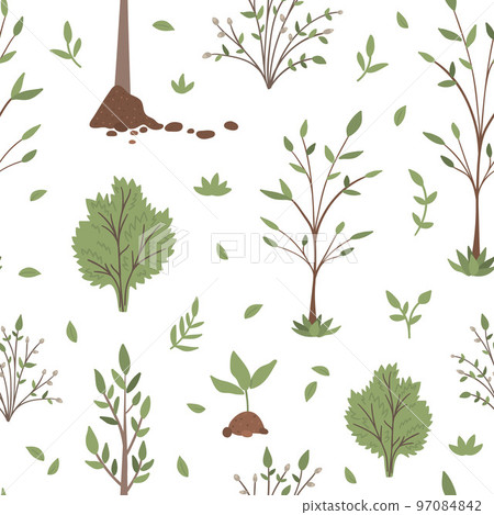 Vector seamless pattern with trees, plants, shrubs, bushes, twigs. Flat spring garden repeat background. Gardening or forest texture Vector seamless pattern with trees, plants, shrubs, bushes, twigs. Flat spring garden repeat background. Gardening or forest texture 97084842