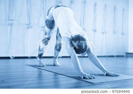 Young attractive woman does yoga exercise in the gym on mat 97084940