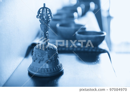 Accessories for sound massage. Tibetan singing bowls and bell for treatment 97084970