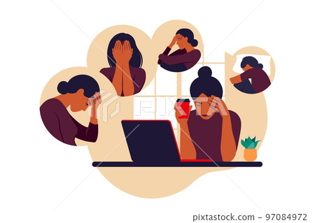 Woman in depression with bewildered thoughts in her mind. Young sad girl sitting at laptop. Vector illustration. Flat style 97084972