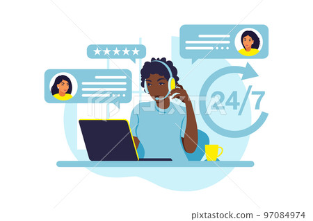 Customer service concept. African woman with headphones and microphone with laptop. Support, assistance, call center. Vector illustration. Flat style 97084974