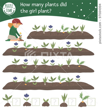 Spring searching math counting game for children with cute girl planting plants in the garden. Cute funny smiling characters. Find and count sprouts and flowers. 97084994