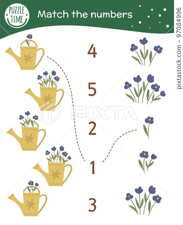 Matching game with watering cans and flowers. Garden math activity for preschool children. Spring counting worksheet. Educational riddle with cute funny elements. 97084996