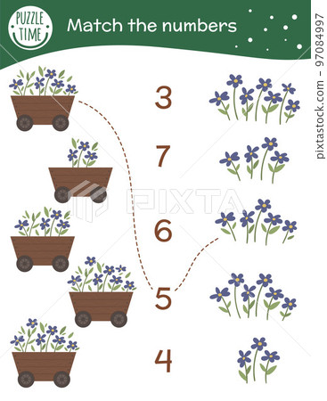 Matching game with flowerbed and flowers. Garden math activity for preschool children. Spring counting worksheet. Educational riddle with cute funny elements. 97084997
