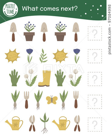 What comes next. Garden matching activity for preschool children with gardening symbols. Funny spring game for kids. Logical quiz worksheet. Continue the row. 97084998