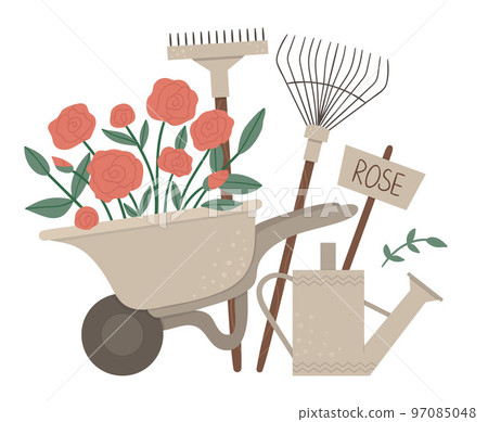 Vector illustration of colorful garden wheel barrow with rose flowers, rakes, watering can. Cartoon style spring or summer picture isolated on white background. Gardening themed concept. Vector illustration of colorful garden wheel barrow with rose flowers, rakes, watering can. Cartoon style spring or summer picture isolated on white background. Gardening themed concept. 97085048