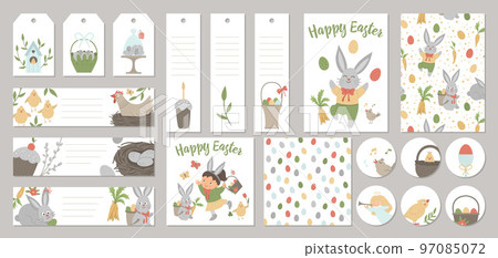 Set of vector Easter holiday card templates, gift tags, labels, pre-made designs, bookmarks with cute cartoon spring elements and characters. Funny flat illustration 97085072