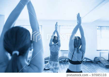 Yoga Class, Group of People Relaxing and Doing Yoga pose. Wellness and Healthy Lifestyle. Yoga Class, Group of People Relaxing and Doing Yoga pose. Wellness and Healthy Lifestyle. 97085110
