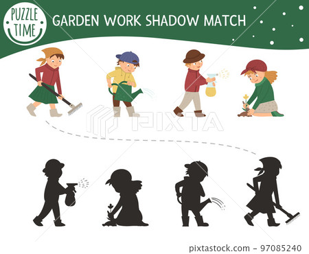 Shadow matching activity with children in the garden. Preschool puzzle with cute characters. Cute spring activities educational riddle. Find the correct silhouette game. Shadow matching activity with children in the garden. Preschool puzzle with cute characters. Cute spring activities educational riddle. Find the correct silhouette game. 97085240