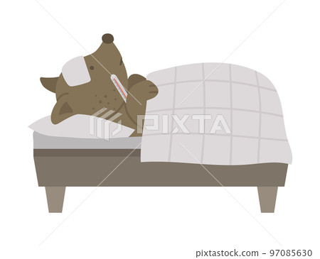Vector ill animal in bed. Cute dog with thermometer having fever. Funny hospital patient character. Medical illustration for children. Vector ill animal in bed. Cute dog with thermometer having fever. Funny hospital patient character. Medical illustration for children. 97085630