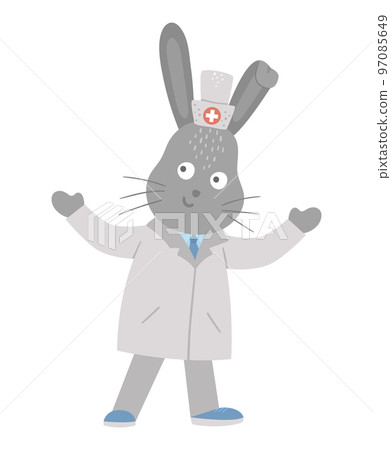 Vector animal doctor. Cute funny hare character. Medical picture for children. Hospital illustration isolated on white background. 97085649