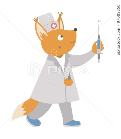 Vector animal doctor. Cute funny nurse squirrel with syringe. Medical picture for children. Hospital illustration isolated on white background. Vector animal doctor. Cute funny nurse squirrel with syringe. Medical picture for children. Hospital illustration isolated on white background. 97085650