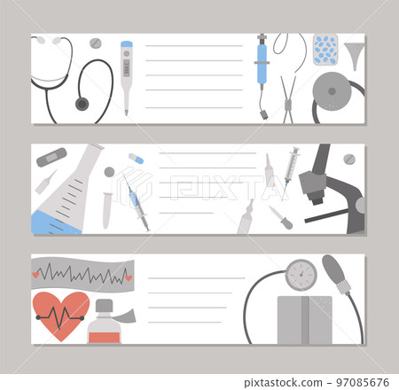 Set of vector medicine horizontal layout card templates. Brochure, flyer, banner pre-made designs with cute cartoon medical elements. Health care flat illustration. Set of vector medicine horizontal layout card templates. Brochure, flyer, banner pre-made designs with cute cartoon medical elements. Health care flat illustration. 97085676