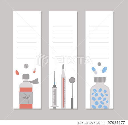 Set of vector medicine vertical layout card templates. Brochure, flyer, banner, bookmark pre-made designs with cute cartoon medical elements. Health care flat illustration. Set of vector medicine vertical layout card templates. Brochure, flyer, banner, bookmark pre-made designs with cute cartoon medical elements. Health care flat illustration. 97085677