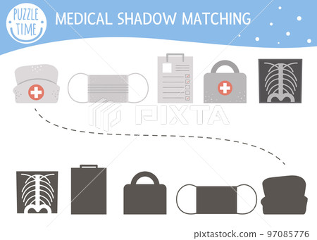 Shadow matching activity for children with medical equipment. Medicine or healthcare preschool puzzle. Cute health check educational riddle. Find the correct silhouette game. 97085776