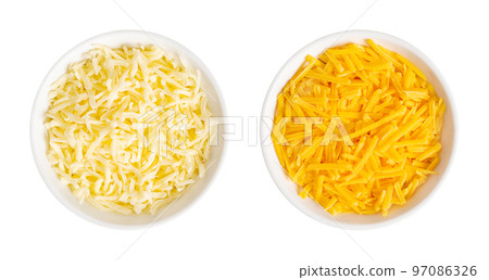 Shredded mozzarella and cheddar cheese, in white bowls. Grated low-moisture mozzarella, and piquant, orange colored natural cheese, both made of pasteurized cow milk. Used for pizza and pasta dishes. 97086326