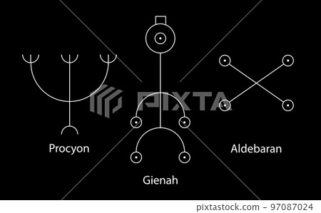 Astrology Stars, PROCYON or Canis Minor, GIENAH or Corvus, ALDEBARAN or Oculus Tauri. Set Hieroglyphic sign, hermetic kabbalistic magic symbols. White Line art Vector isolated on black background 97087024