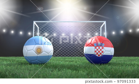 Two soccer balls in flags colors on stadium blurred background. Argentina vs Croatia. 3d image Two soccer balls in flags colors on stadium blurred background. Argentina vs Croatia. 3d image 97091333