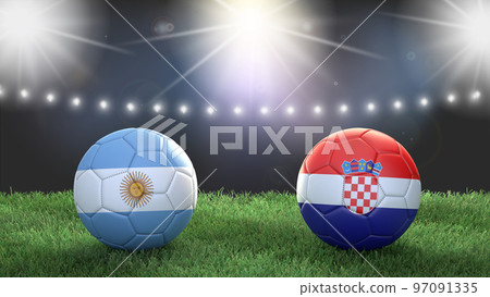 Two soccer balls in flags colors on stadium blurred background. Argentina vs Croatia. 3d image Two soccer balls in flags colors on stadium blurred background. Argentina vs Croatia. 3d image 97091335