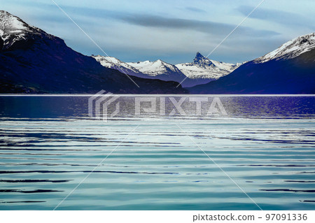 Snowcapped Andes and Lake Argentina near El calafate, Patagonia landscape Snowcapped Andes and Lake Argentina near El calafate, Patagonia landscape 97091336