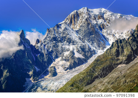 Mont Blanc massif idyllic alpine landscape at sunrise, Chamonix, French Alps 97091398