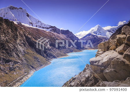Turquoise Paron lake in Cordillera Blanca, snowcapped Andes, Ancash, Peru Turquoise Paron lake in Cordillera Blanca, snowcapped Andes, Ancash, Peru 97091400