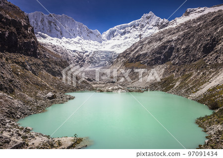Llaca lake in Cordillera Blanca with snowcapped Andes, Ancash, Peru 97091434