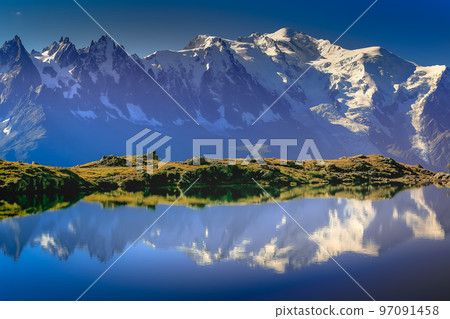 Mont Blanc and idyllic lake Cheserys reflection, Chamonix, French Alps Mont Blanc and idyllic lake Cheserys reflection, Chamonix, French Alps 97091458