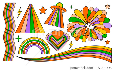 Set of hipster retro cool rainbow psychedelic elements. A collection of groovy cliparts iridescent from the 70s. editable stroke. Abstract design of cartoon stickers. Trend vector illustration 97092530