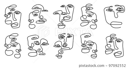 Set of different human faces in a minimalist style with one line. Silhouette of female and male faces drawn. Girls face collection. Contemporary art. editable stroke isolated vector illustration 97092552