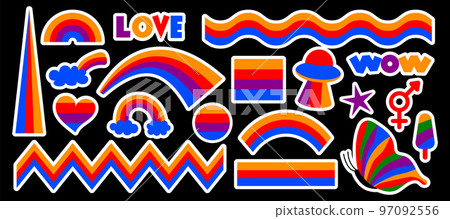 Set of hipster retro cool rainbow psychedelic elements. A collection of groovy cliparts iridescent from the 70s. Abstract design of cartoon stickers. Trend vector illustration 97092556