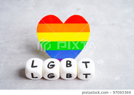 LGBT text character with rainbow flag heart for symbol of pride month lesbian, gay, bisexual, transgender, human rights, tolerance and peace. LGBT text character with rainbow flag heart for symbol of pride month lesbian, gay, bisexual, transgender, human rights, tolerance and peace. 97093369