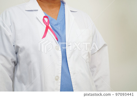 Asian woman doctor with pink ribbon, World Breast Cancer Day at October. 97093441