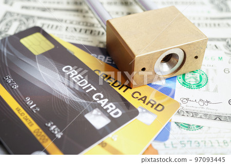 Credit card with password key lock, security finance business concept. 97093445