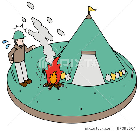 Isometric illustration of a man who is impatient with the tent burning during camping Isometric illustration of a man who is impatient with the tent burning during camping 97093504